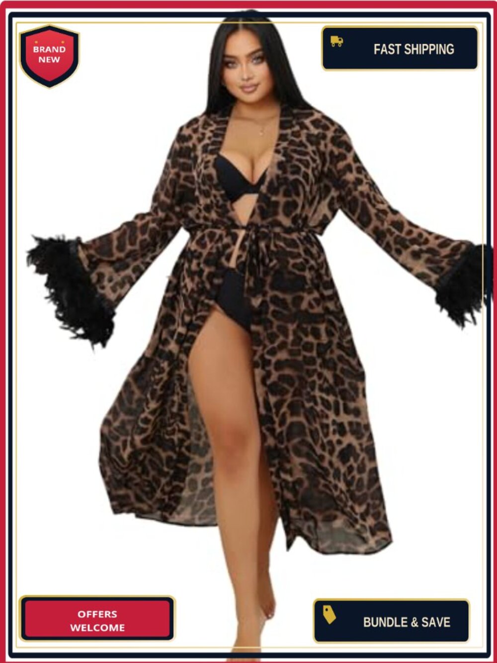 Chiffon Kimono Robe Leopard Print with Detachable Feather Cuffs Belt